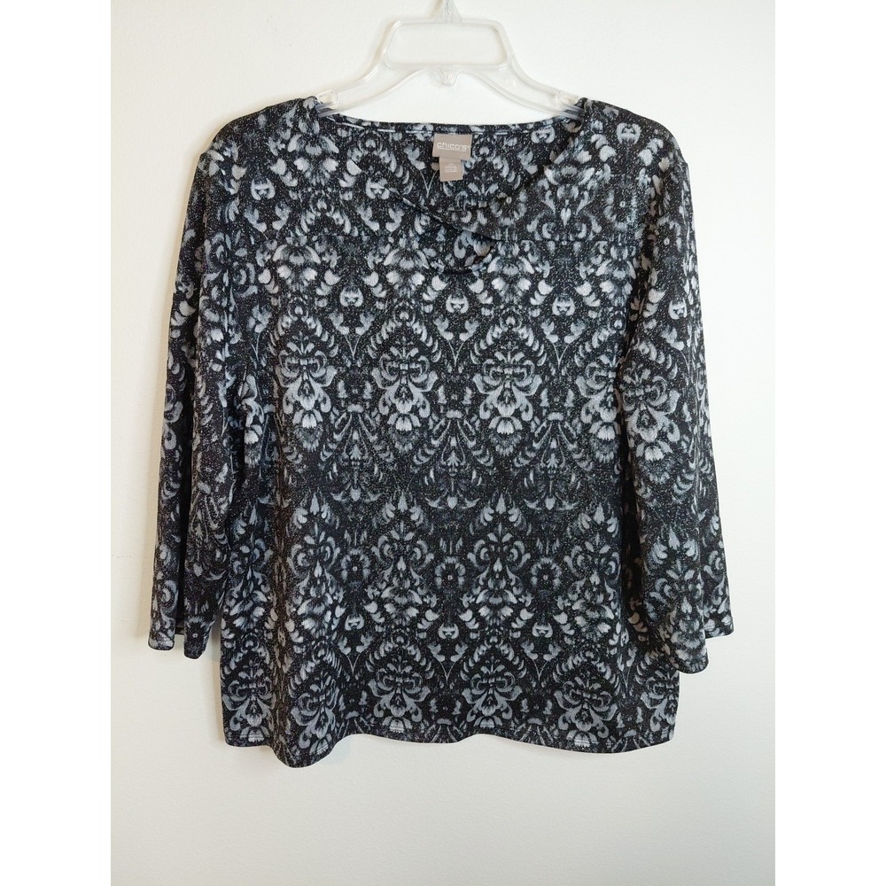 Chicos Women's Top Large Black‎ Gray Silver Metallic Floral 3/4 Sleeve Size 3 XL